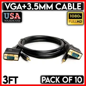 301-zl Cmple Vga Cable With Aux 3.5mm Stereo 3 Feet Svga Hd15 Male To Monitor Cord 10pcs