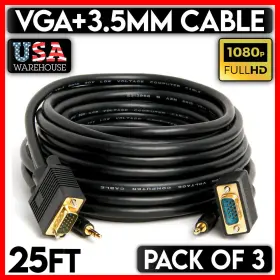 305-zl Cmple Vga Cable Aux 3.5mm Stereo 25 Feet Svga Hd15 Male To Monitor Cord 3 Pack