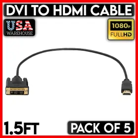 414-zl Cmple 5pcs 1.5 Ft Dvi-d To Hdmi Cable Gold 18 1 Male Cord For Hd Tv