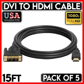 421-zl Cmple 5pcs 15 Ft Dvi-d To Hdmi Cable Gold 18 1 Male Cord For Hd Tv