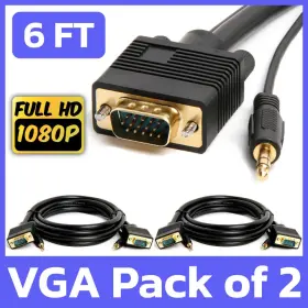 Cmple 619162051708 2 Pack 6ft Vga Cable Aux Svga 15pin Video With 3.5mm Stereo Audio Monitor Cord