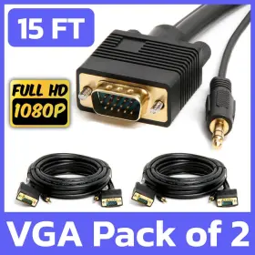 Cmple 619162051746 2 Pack Vga Cable 3.5mm Audio 15 Ft Svga Male To Monitor Pc Cord With Aux