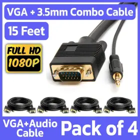 Cmple 619162051753 4 Pack Vga Cable 3.5mm Audio 15 Ft Svga Male To Monitor Pc Cord With Aux