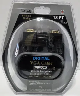 03-vga18 Topzone Vga Monitor Cable 18ft Hd15 Pc Laptop Tv Projector Gold Plated New